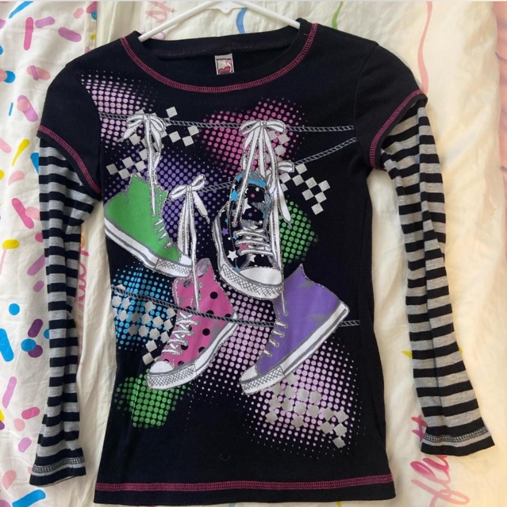 Kids Graphic Layered-Look Long Sleeve Tee with Colorful Sneakers